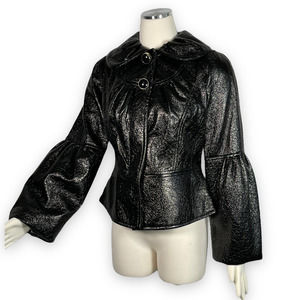 NWT Svetlana Unique Black Shiny Lame Bell Sleeve Button Front Jacket Wide Collar